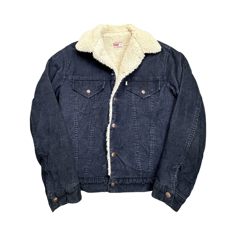 Levis Sherpa Lined Jacket Mens 38 Black Corduroy Trucker Vintage Style USA 80's